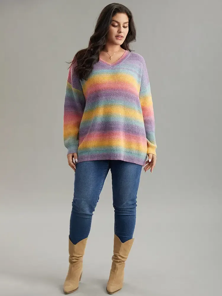 Rainbow Ombre V Neck Loose Pullover