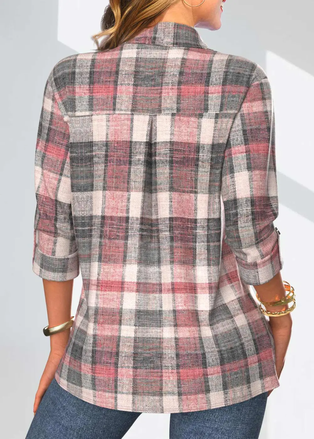 Coral Button Plaid Long Sleeve Shirt Collar Blouse