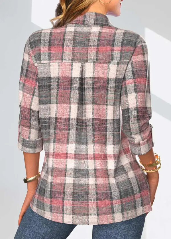 Coral Button Plaid Long Sleeve Shirt Collar Blouse
