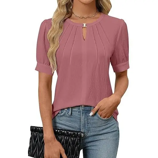 Women's Dressy Keyhole Blouse – Puff Sleeve Pleated Top for Work or Casual Wear