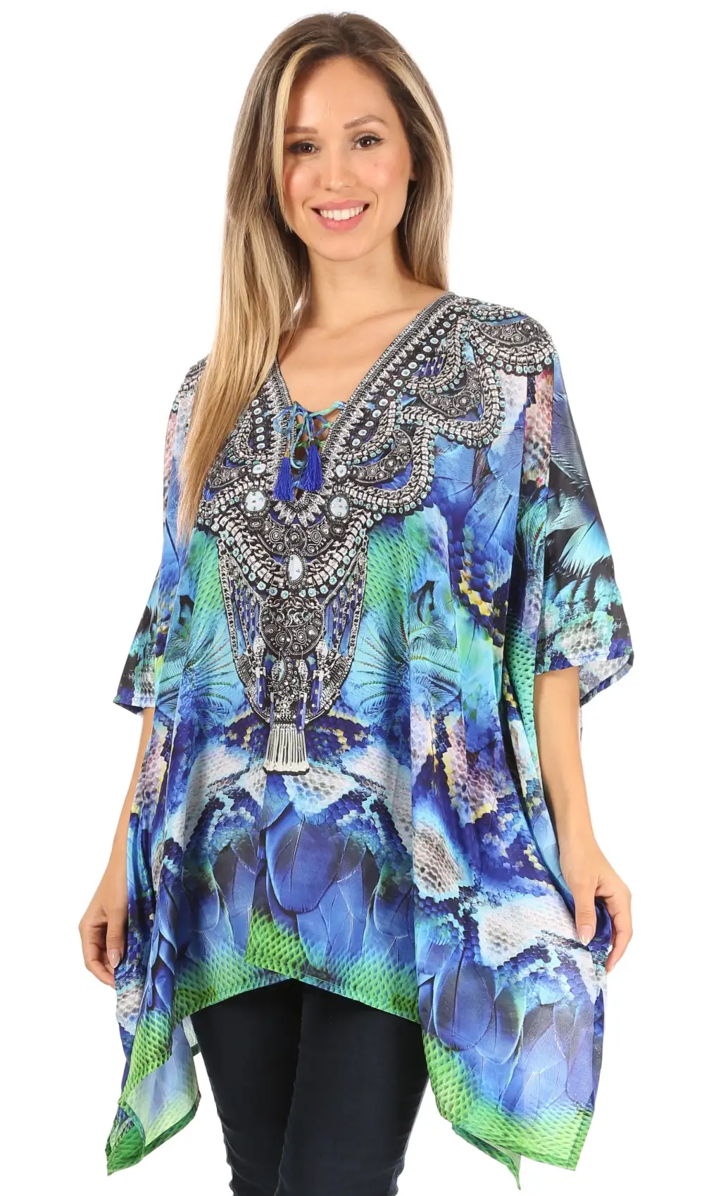 Women's Caftan Poncho Cover up V neck Top Lace up With Rhinestone