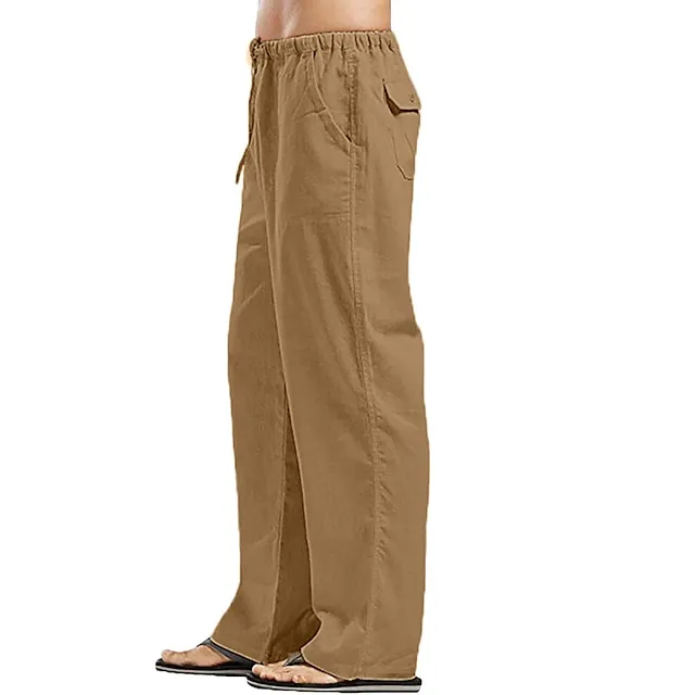 Men's Linen Pants Trousers Summer Pants Beach Pants Pocket Drawstring Elastic Waistband Plain Comfort Breathable Full Length Daily Streetwear Linen / Cotton Blend Fashion Casual / Sporty Loose Fit