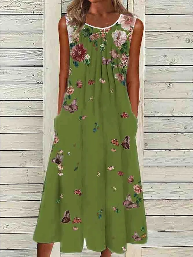 Women's Casual Dress Shift Dress Midi Dress White Green Gray Sleeveless Floral Ruched Summer Spring Crew Neck Basic 2023 S M L XL XXL 3XL