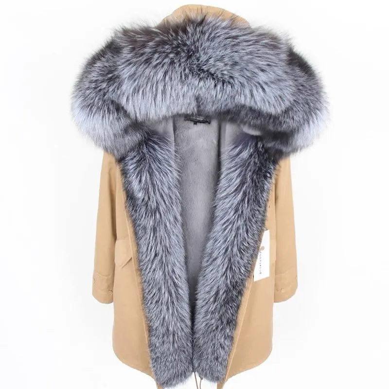 Women's Parka Natural Fox Fur Long Coat Artificial Fur Lining Fur
