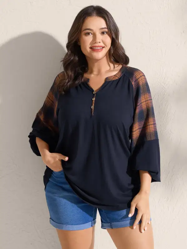 Stretchy Plaid Sleeve Split Neck T-Shirt
