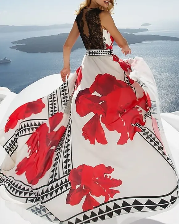 chiffon maxi dress resort print lace