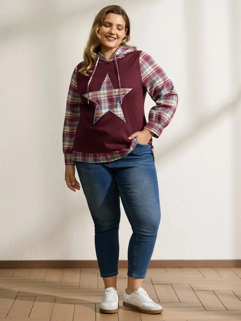 Plaid Star Applique Embroidery Hoodie