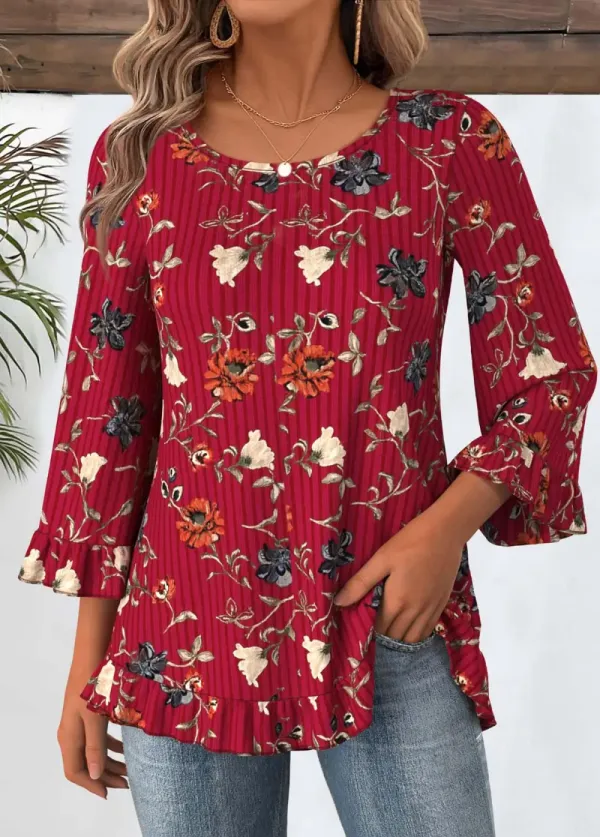 Wine Red Tummy Coverage Floral Print T Shirt