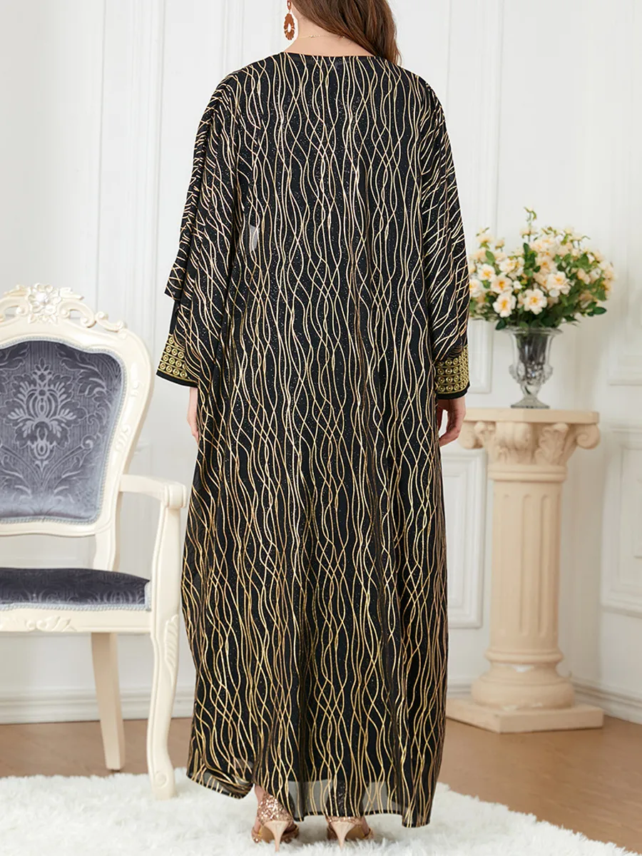 Round neck embroidery and gold stamping long sleeved dress cardigan two-piece set