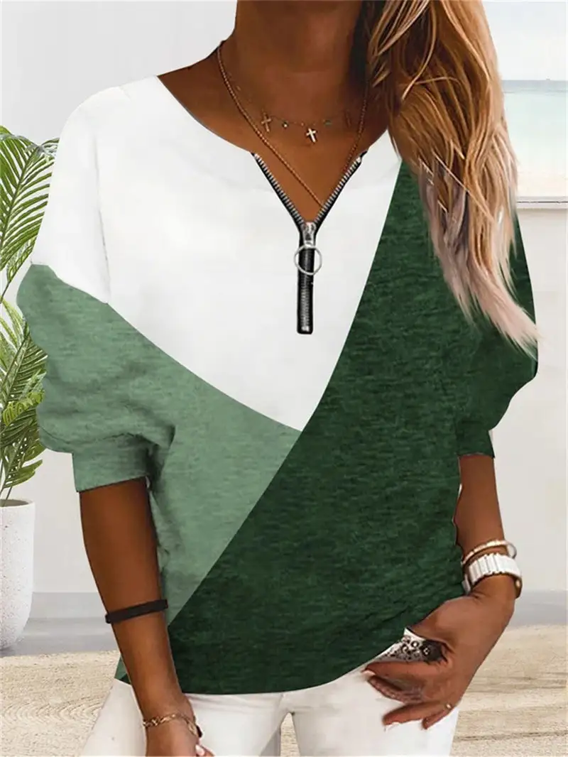 Women Long Sleeve V-neck Stitching Women Tops