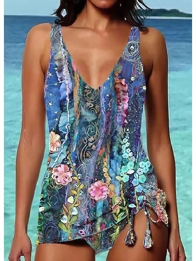 Women's Swimwear Tankini 2 Piece Normal Swimsuit 2 Piece Printing Floral Purple Tank Top Bathing Suits Sports Beach Wear Summer