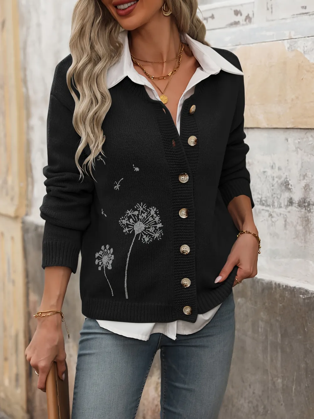 Vibrant Dandelion Pattern Button-Up Cardigan - Soft, Cozy, Long Sleeve Sweater for Fall & Winter - Women's Casual Clothing for Everyday Wear