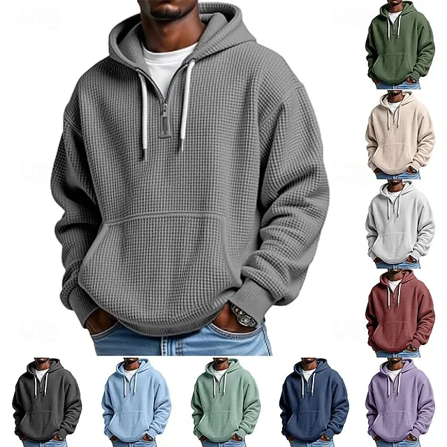 Men's Hoodie Waffle Hoodies Quarter Zip Hoodie Apricot White Light Green Army Green Red Hooded Plain Kangaroo Pocket Textured Sports & Outdoor Casual Daily Streetwear Cool Sportswear Fall Spring