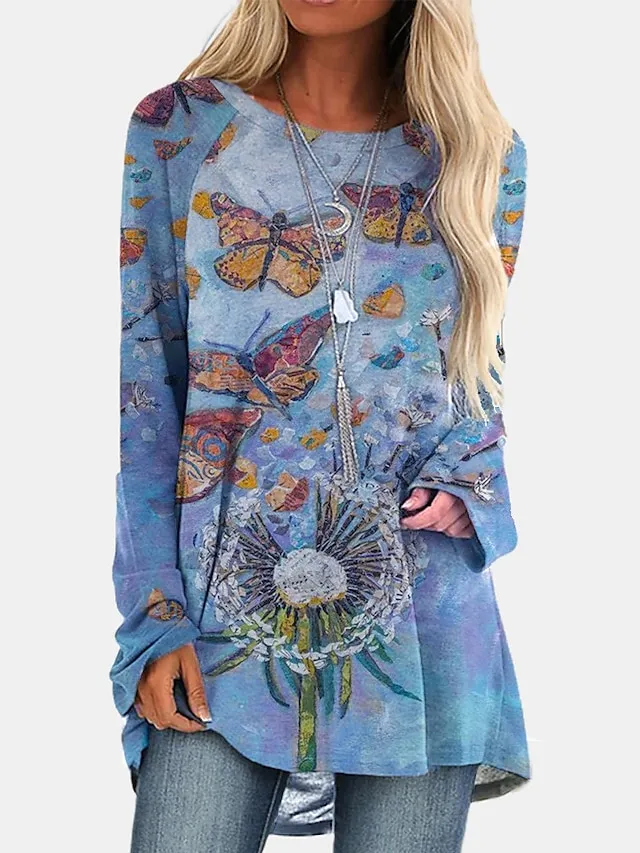 Women's Plus Size T shirt Tee Tunic Shirts Geometric Plaid Casual Print Light Green Long Sleeve Vintage Tunic Ethnic Round Neck Fall & Winter