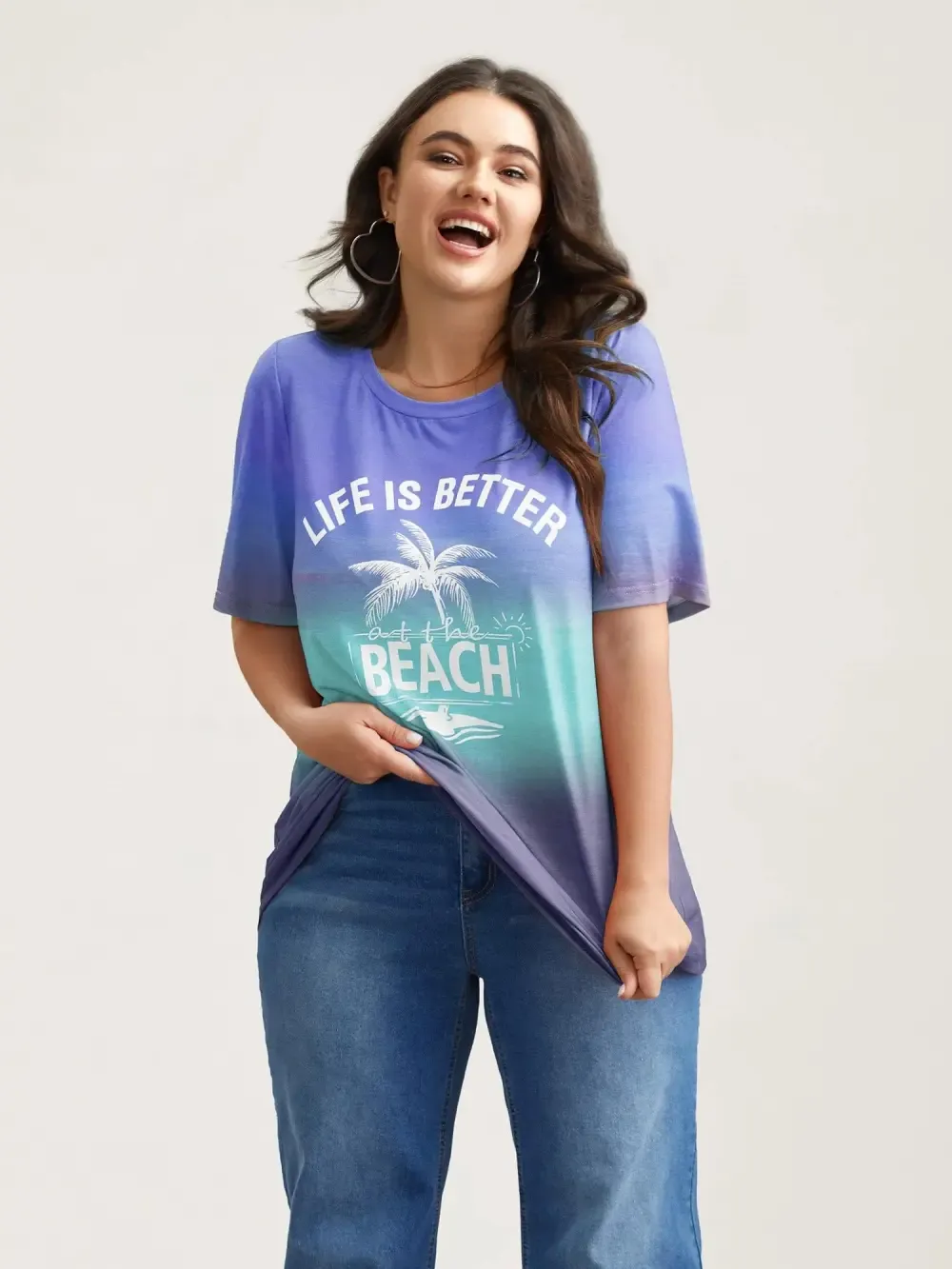 Gradient Beach Print Fitted T-Shirt
