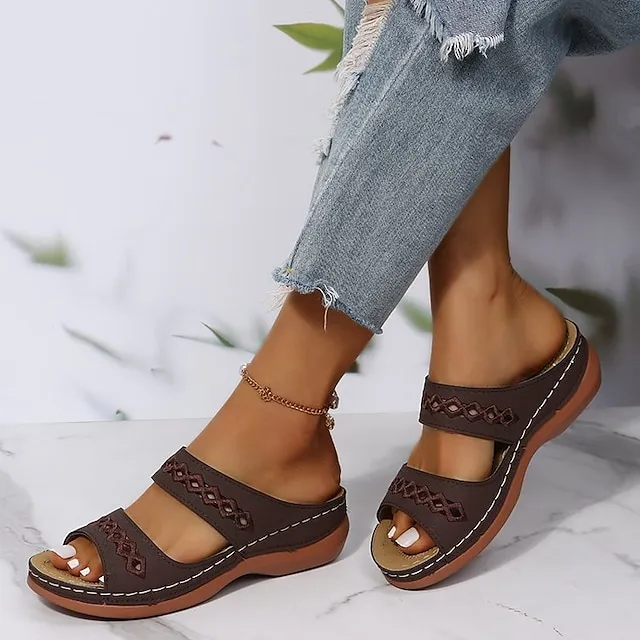 Women's Sandals Slippers Casual Daily Beach Solid Colored Summer Spring Cut Out Embroidery Wedge Heel Round Toe Casual Minimalism Synthetics Loafer Wine