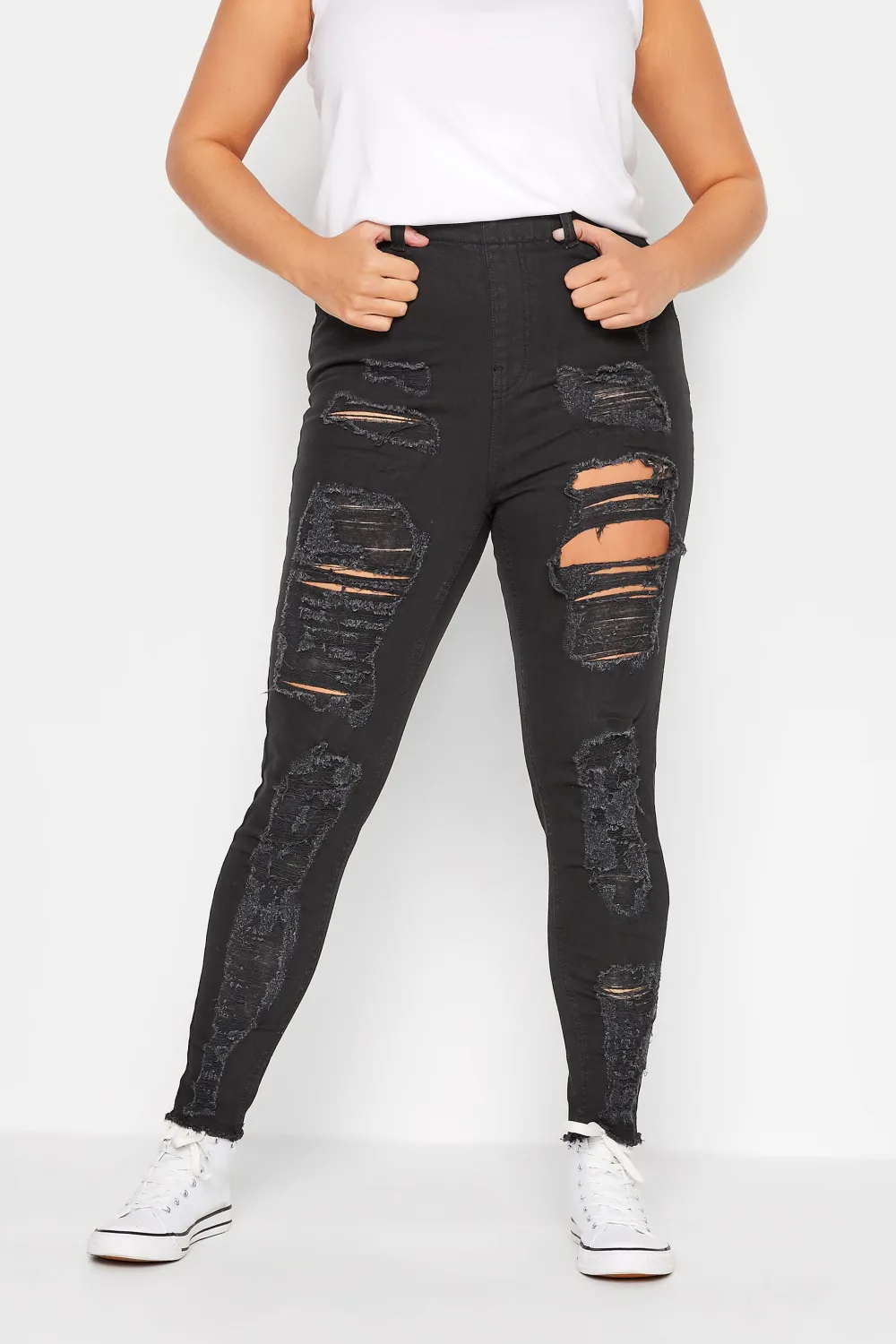 YOURS Curve Washed Blue Frayed Ripped Stretch GRACE Jeggings