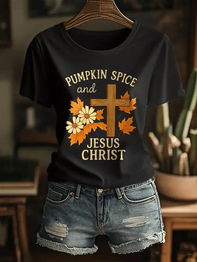 Women's Pumpkin Season Jesus Faith Cross Casual T-shirt