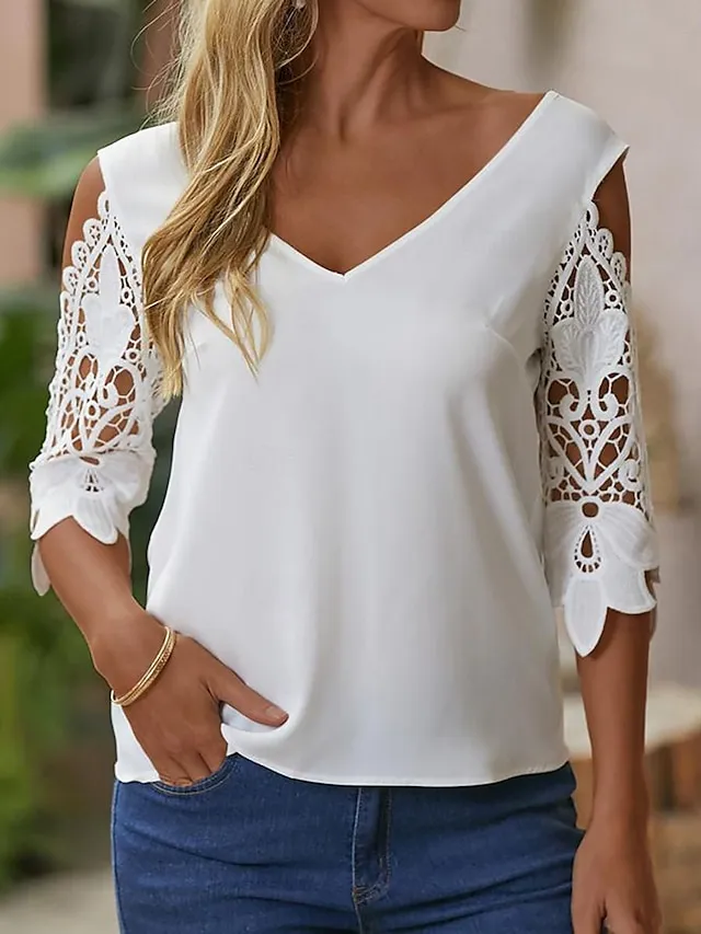 Women's Lace Shirt Blouse Plain Daily Weekend Lace Cut Out White Half Sleeve Elegant Fashion Basic V Neck