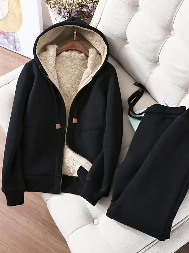 Women's Sweatshirt Tracksuit Pants Sets Black Red Blue Solid Color Zipper Drawstring Long Sleeve Sport Vacation Streetwear Sherpa Fleece Teddy Hooded Regular Fit Fall & Winter