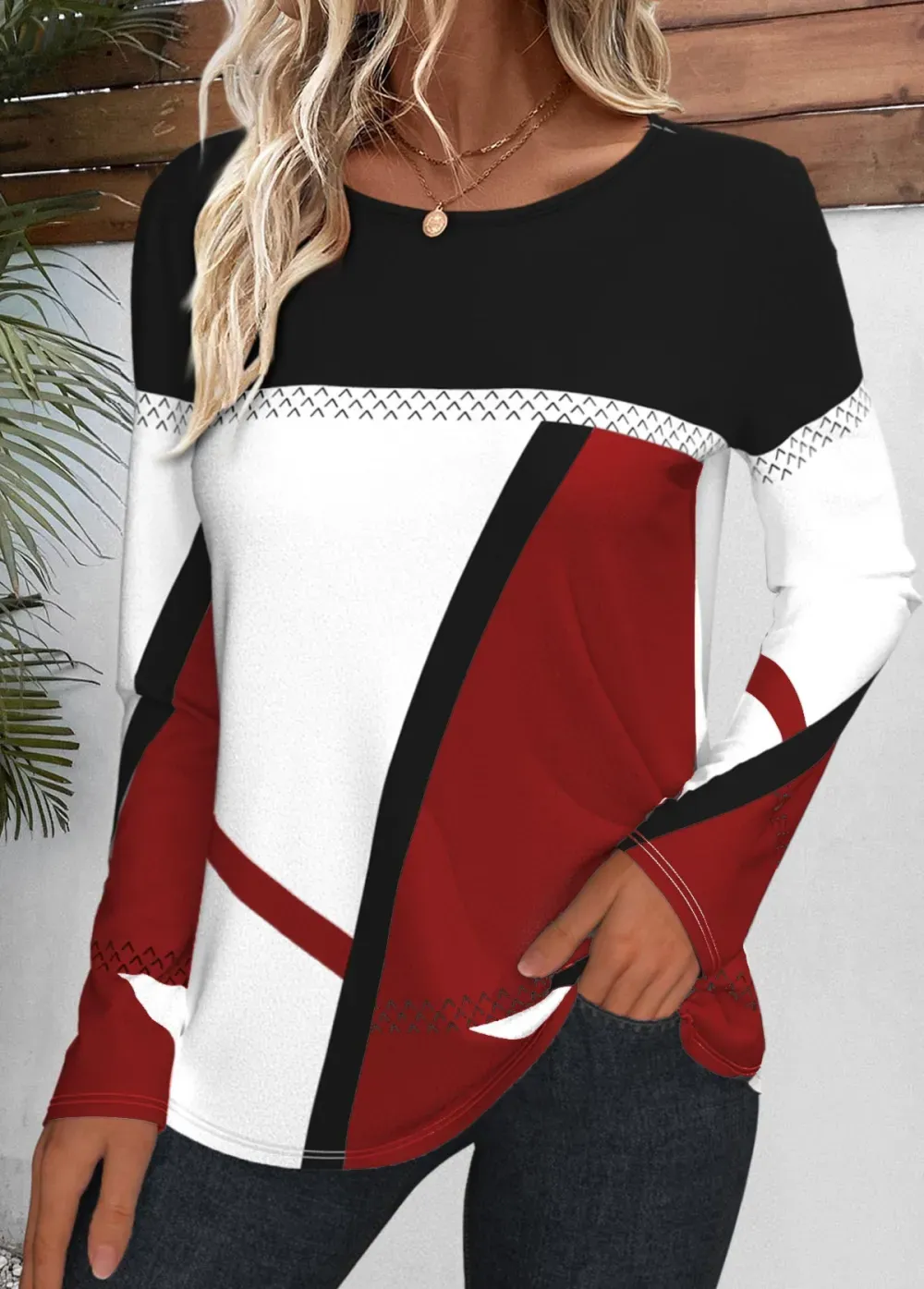 Wine Red Patchwork Geometric Print Long Sleeve T Shirt
