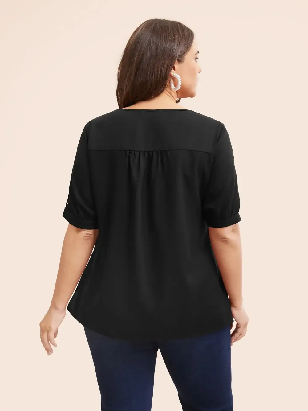 Round Neck Pearl Beaded Cut Out Blouse