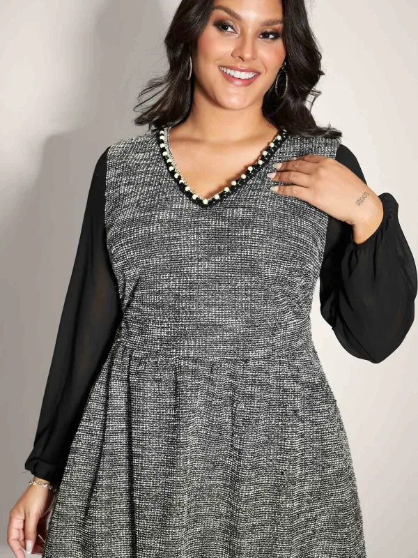 Tweed Pearl Collar Semi-Sheer Midi Dress