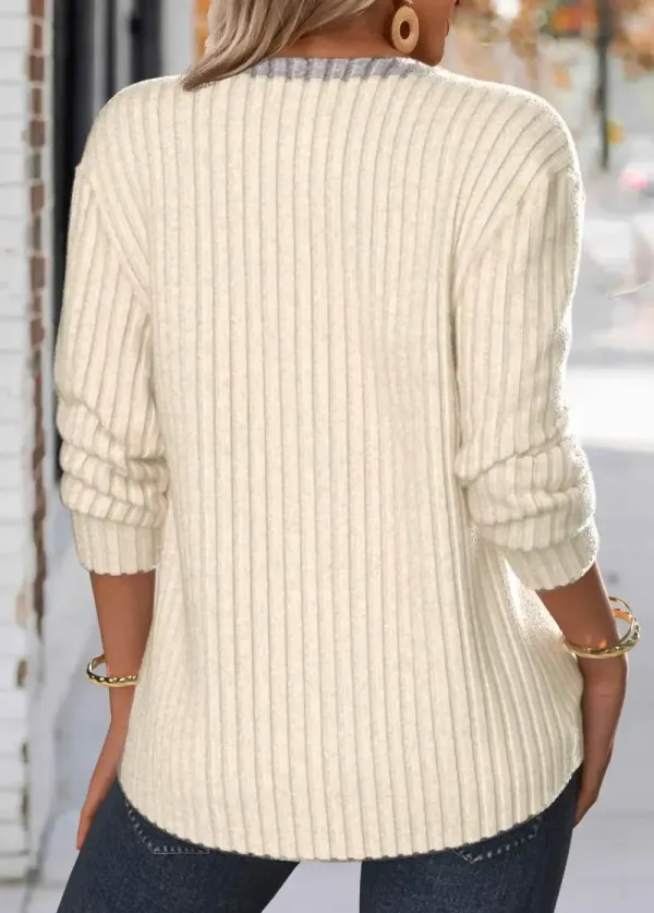 Beige Button Long Sleeve Split Neck Sweatshirt
