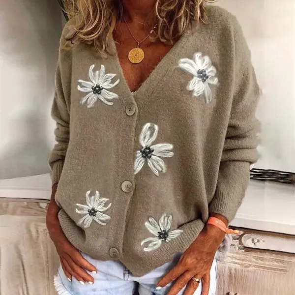 Button Down Floral Casual Comfy Knitwear