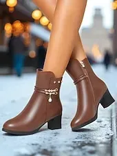 Women's Brown Warm Faux Fur Lined Ankle Boots with Heel, Stylish and Comfortable for Winter and Casual Wear.