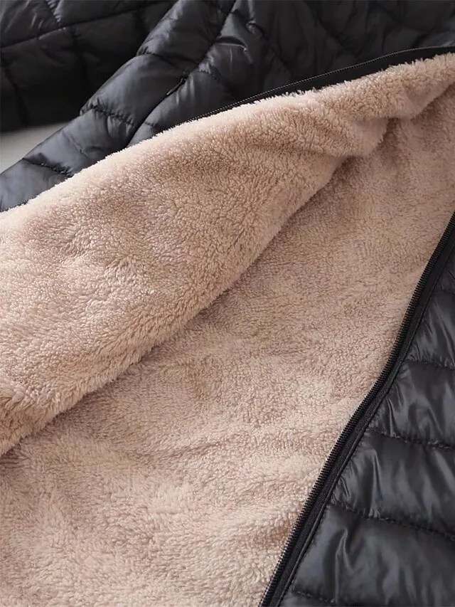 Women's Parka Quilted Coat Fleece Lined Sherpa Jacket Fall Long Coat Winter Puffer Jacket Windproof Warm Heated Coat Stylish Casual Jacket Long Sleeve Plain Full Zip Black