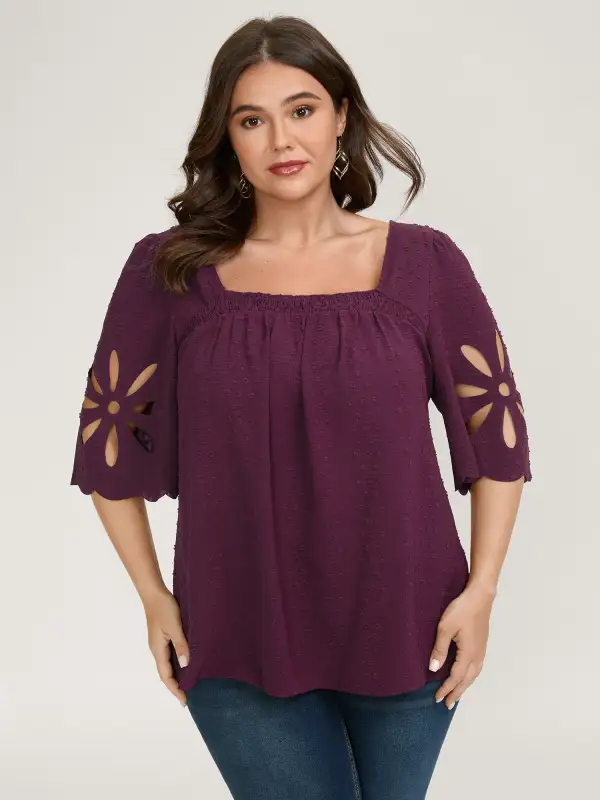 Textured Pleated Neckline Laser Cut Blouse