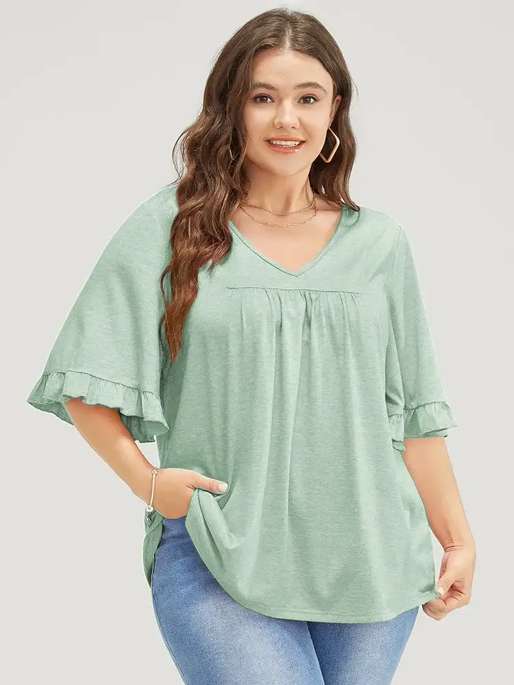Solid Gathered Ruffle Trim Flounce Sleeve T-shirt
