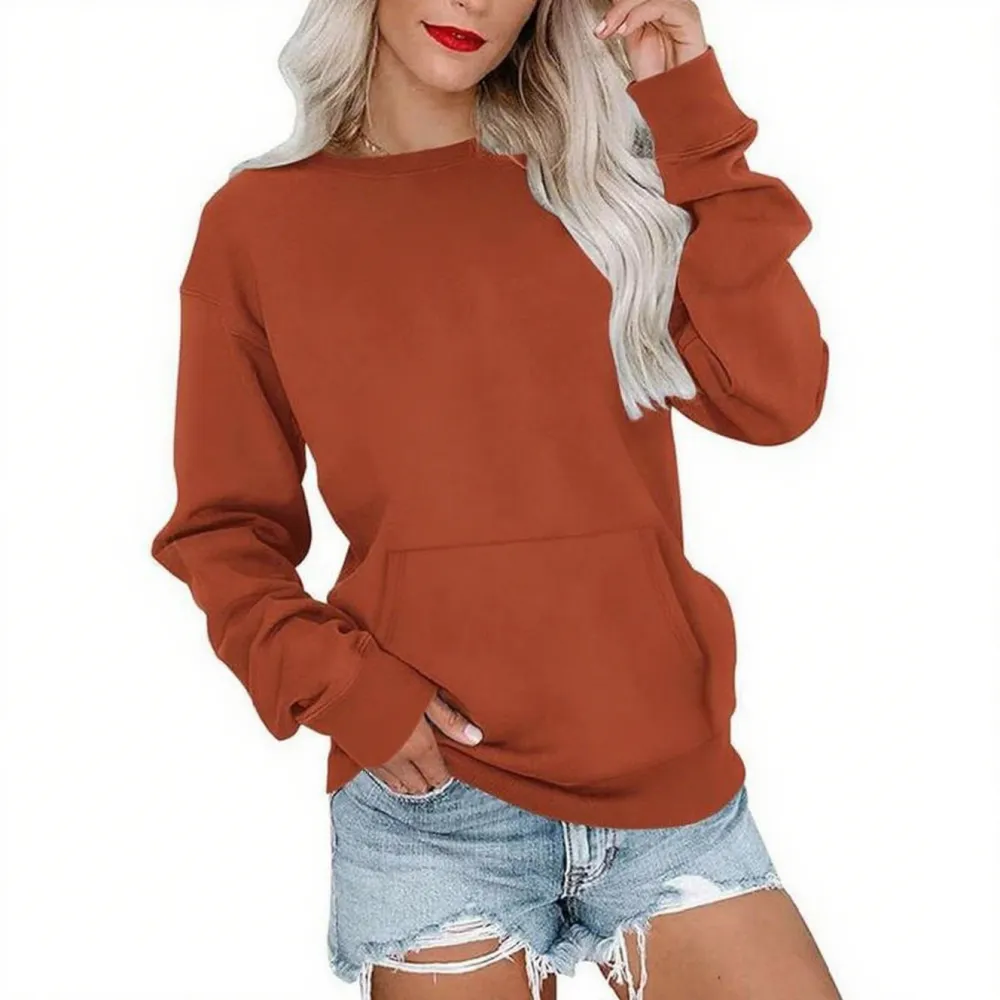 Women's Crewneck Hoodless Sweatshirt With Kangaroo Pocket Fleece Longsleeve Oversized Casual Style Shirt