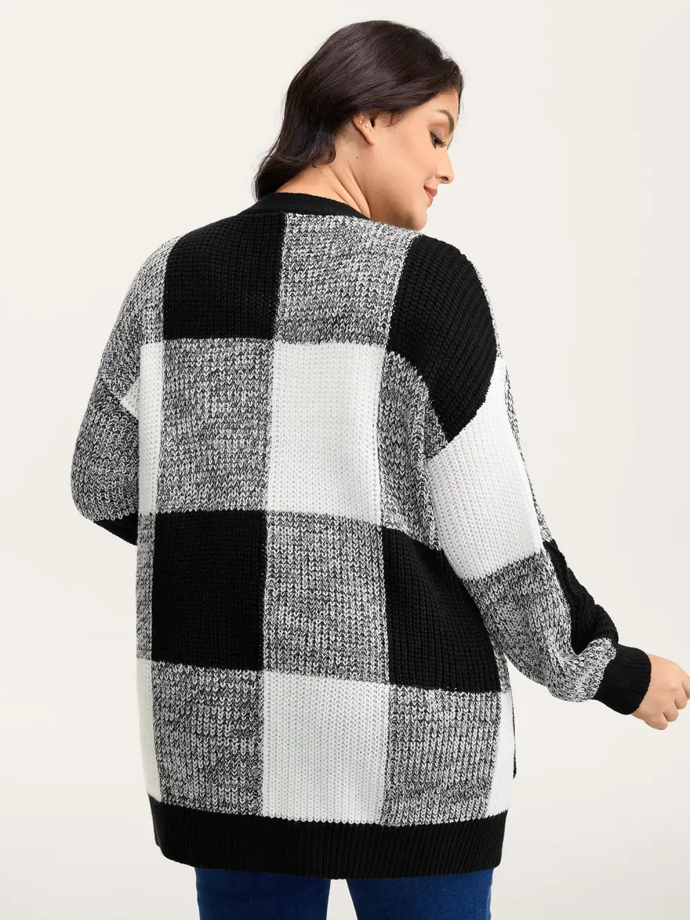 Checkered Heather Textured Open-Front Cardigan