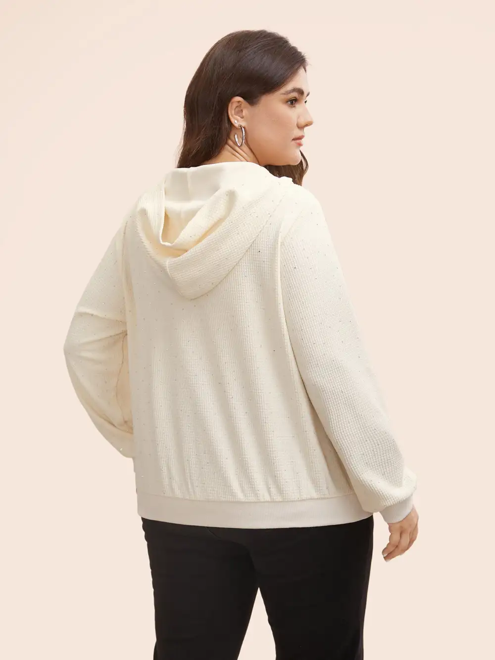 Textured Rhinestone Hooded O Ring Zipper Sweatshirt