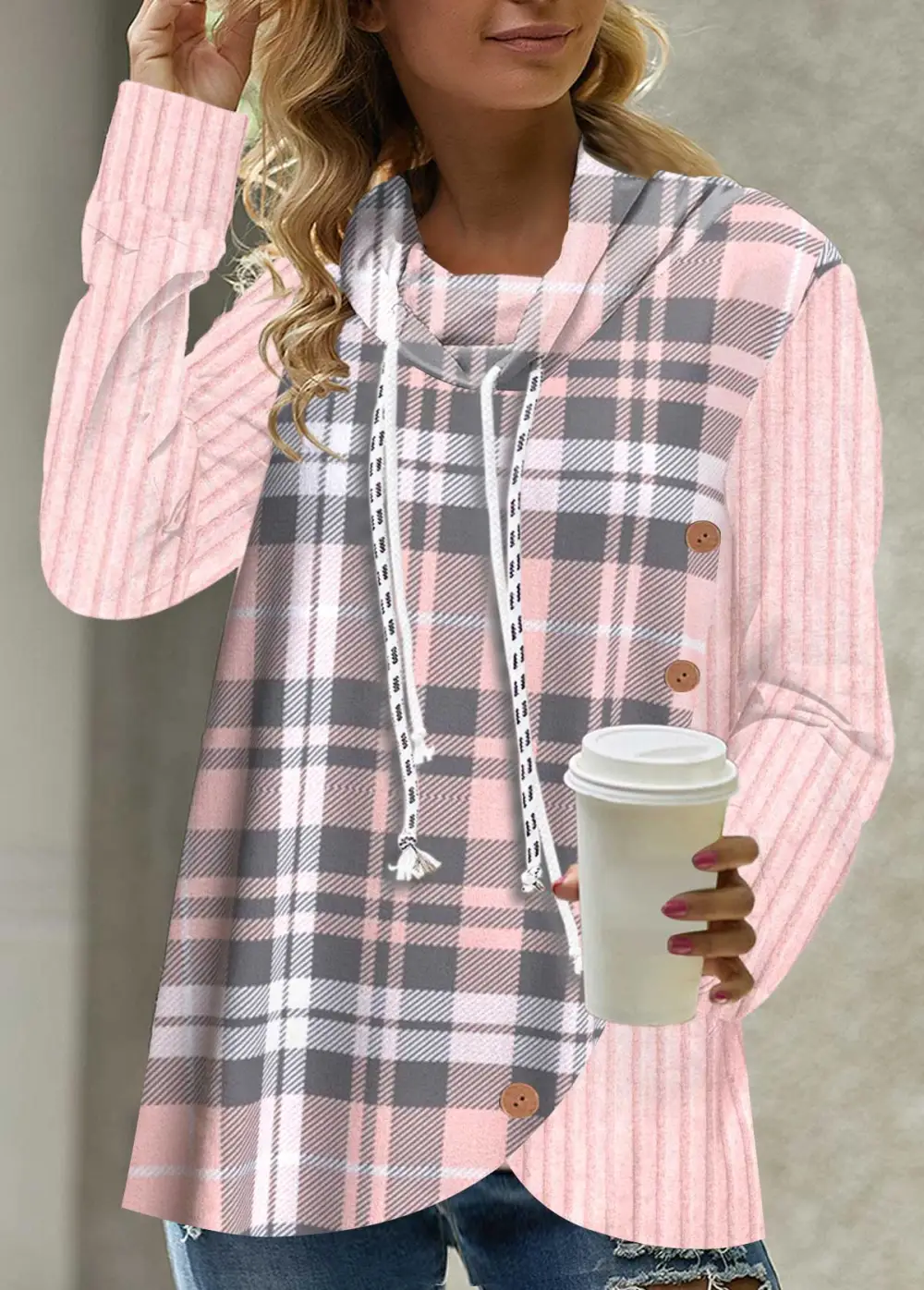 Button Tartan Print Pink Drawstring Sweatshirt