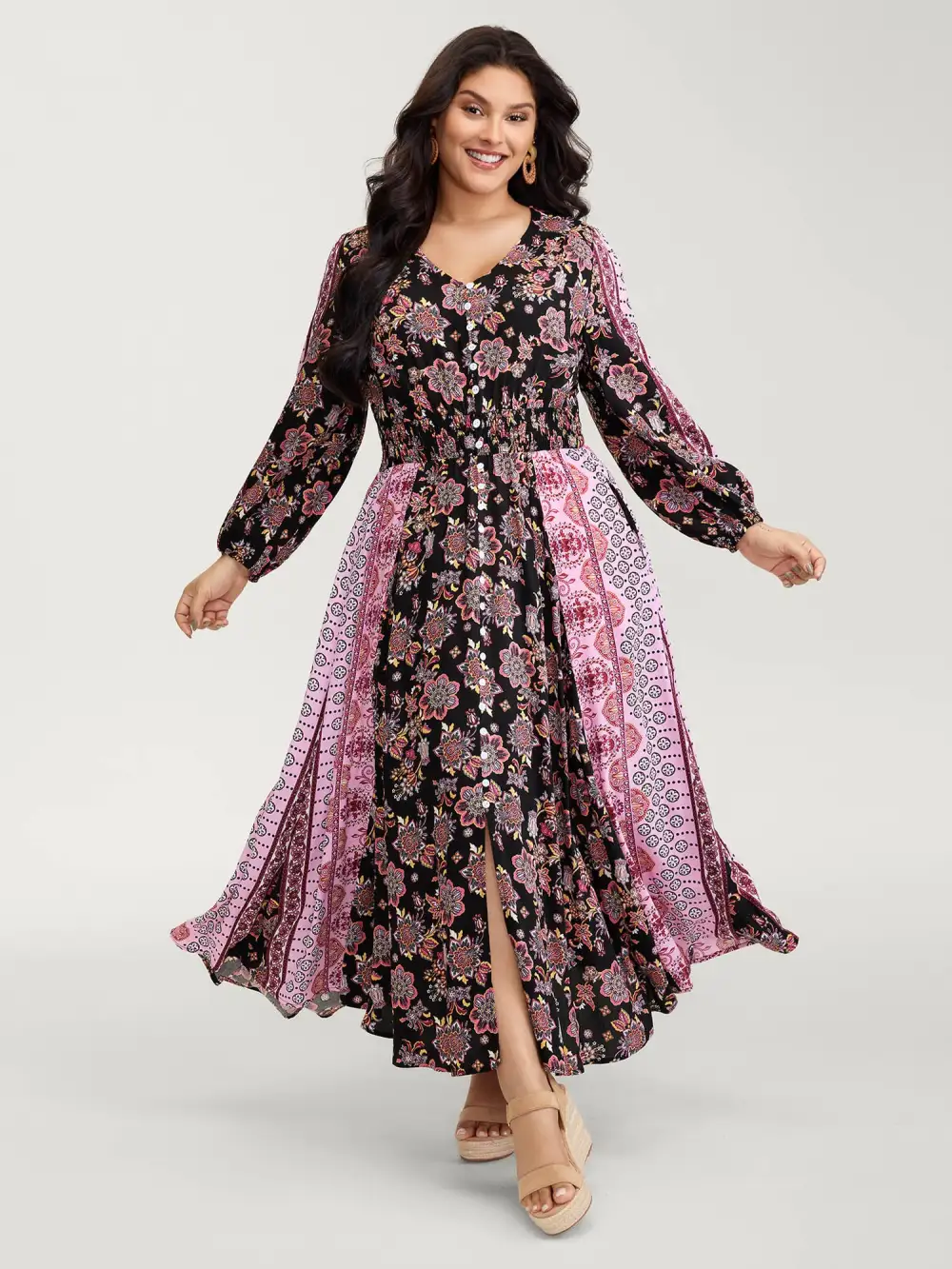 Floral Print Contrast Stripe Button Maxi Dress