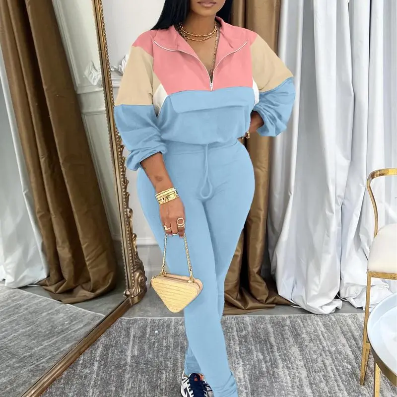 Women's Two - Piece Knit Tracksuit: Zip Jacket & Elastic Waist Pant, Pink - Blue Colorblock