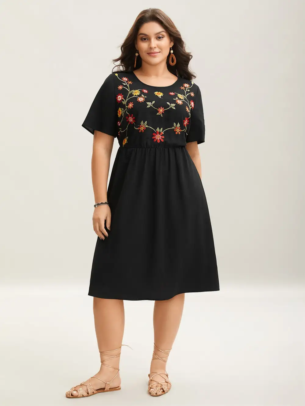 Floral Embroidered Waist-Cinched Midi Dress