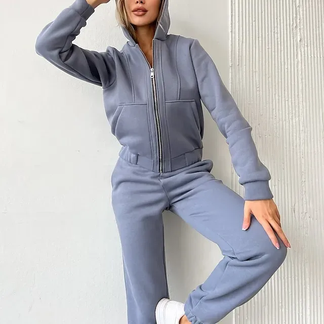 Women's Tracksuit Sweatsuit Pocket 2 Piece Solid Colored Hoodie and Pants Outfit Set Clothing Suit Fall Black White Jogging Training Exercise Thermal Warm Soft Moisture Wicking Long Sleeve Sport