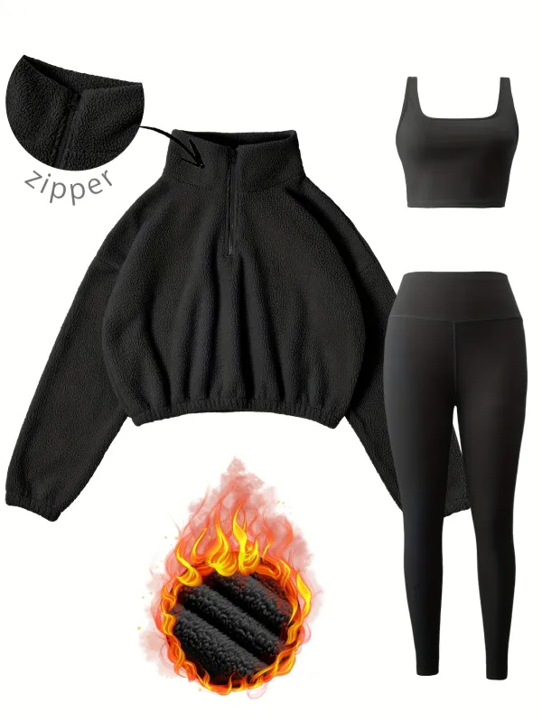 Women's 3-Piece Workout Set (Half-Zip Top, Bra, Yoga Pants)