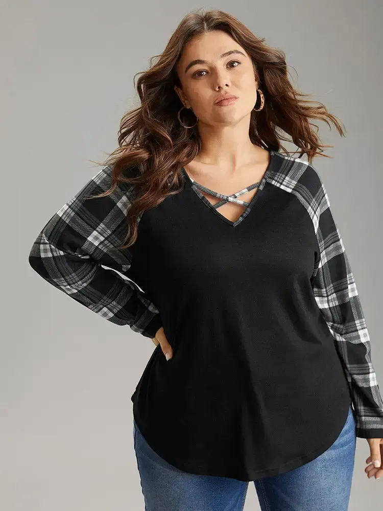 Plaid Patchwork Raglan Sleeve Crisscross T-Shirt