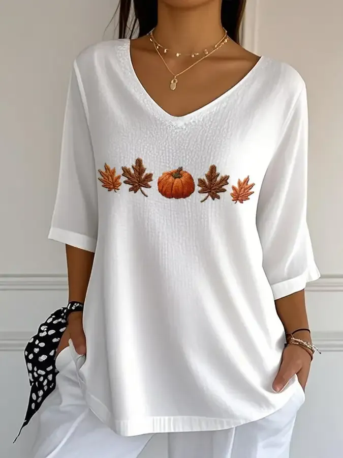 Women's Casual Autumn Pumpkin Stripe Bubble Wrinkle Three-quarter Sleeve T-shirt