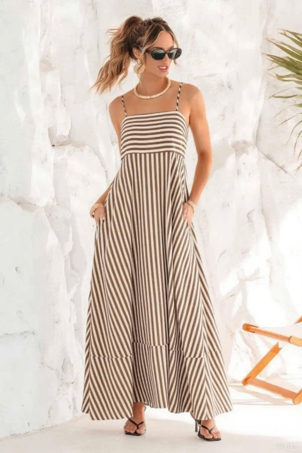 Striped Maxi Dress for Women – Square Neck Sleeveless Sundress, Casual Summer Outfit for Beach, Vacation, or Party