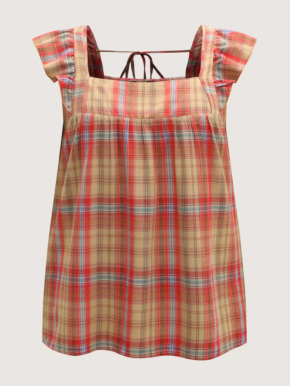 Plaid Print Flutter Sleeve Pleated Blouse