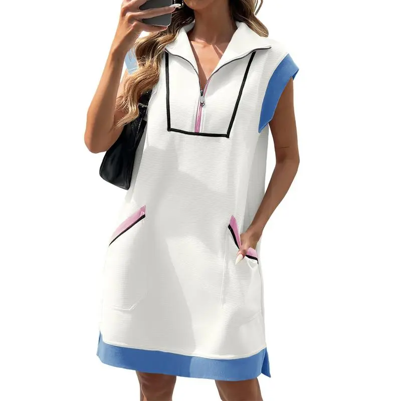 Women's Casual Sleeveless Zip Mini Dress – Contrast Cap Sleeve Sweatshirt Style