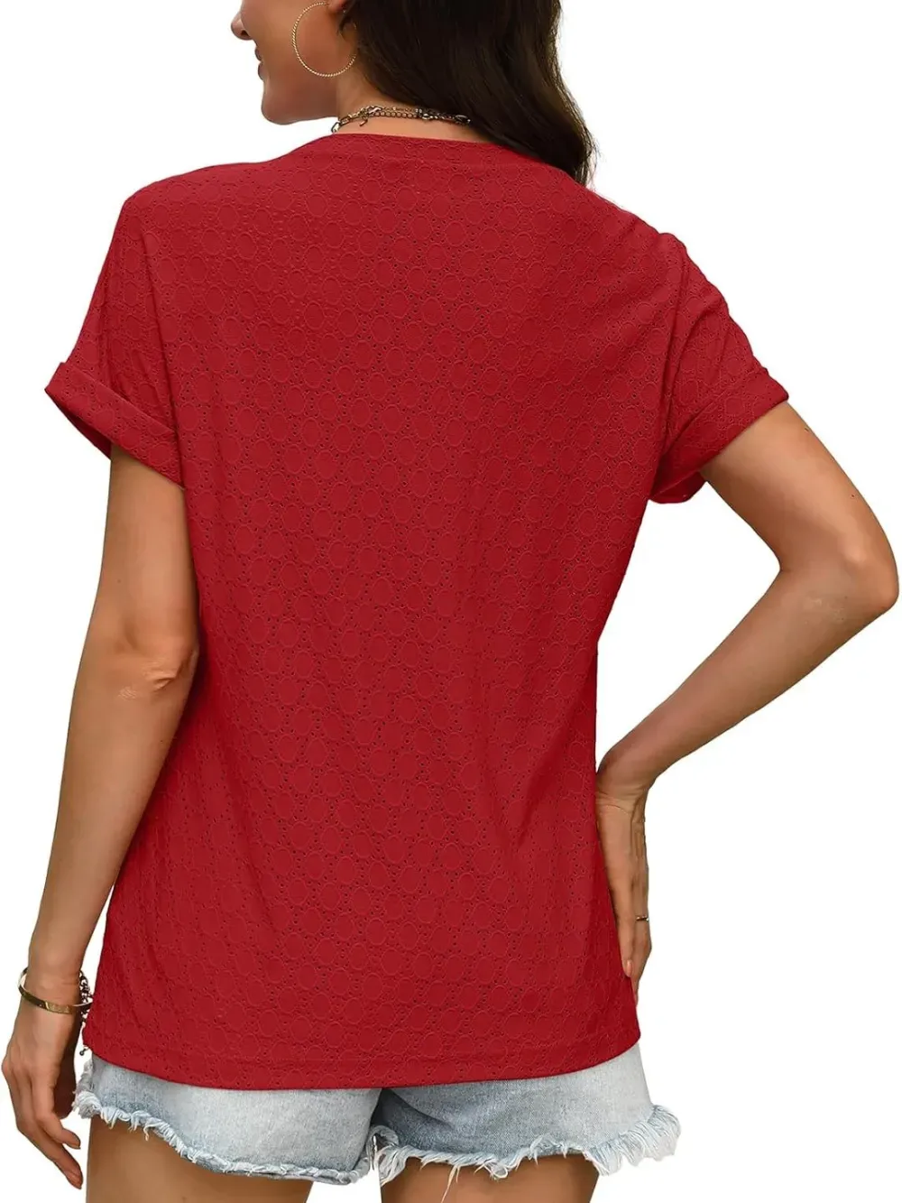 ✨Women's V Neck Eyelet Dressy Casual Basic Short Sleeve Tees