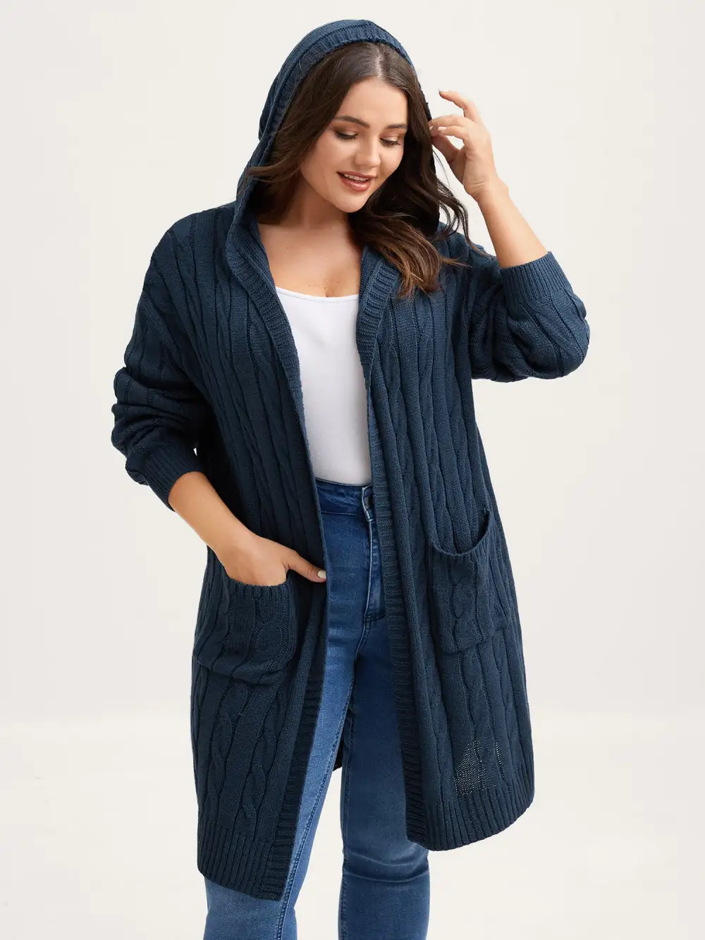 Cable Knit Hooded Long Knit Cardigan
