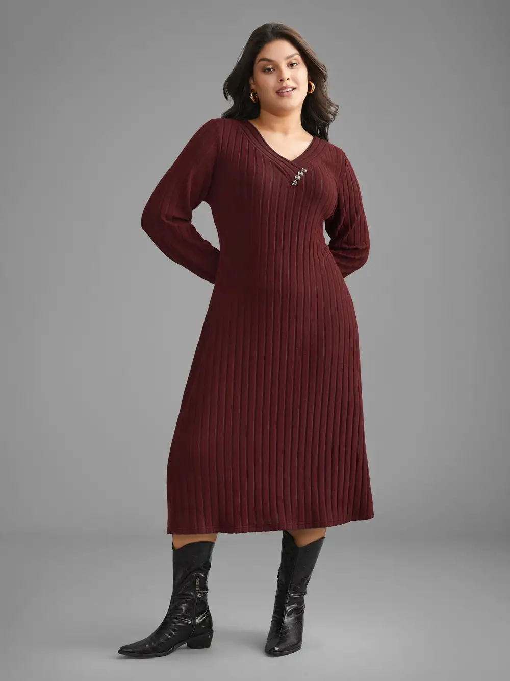 Plain Rib Knit Button Detail Dress